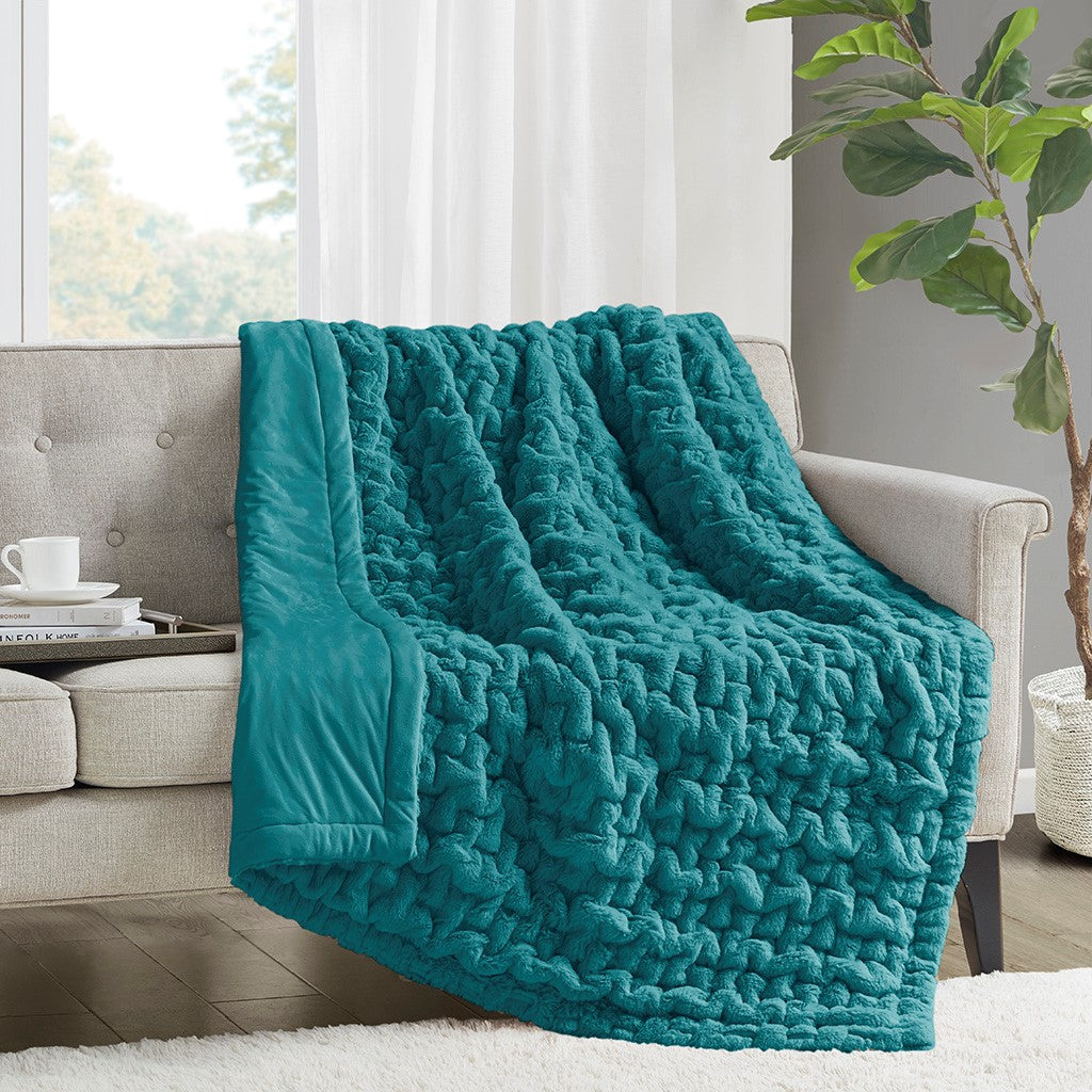 Madison Park Ruched Fur Throw - Teal - 50x60"