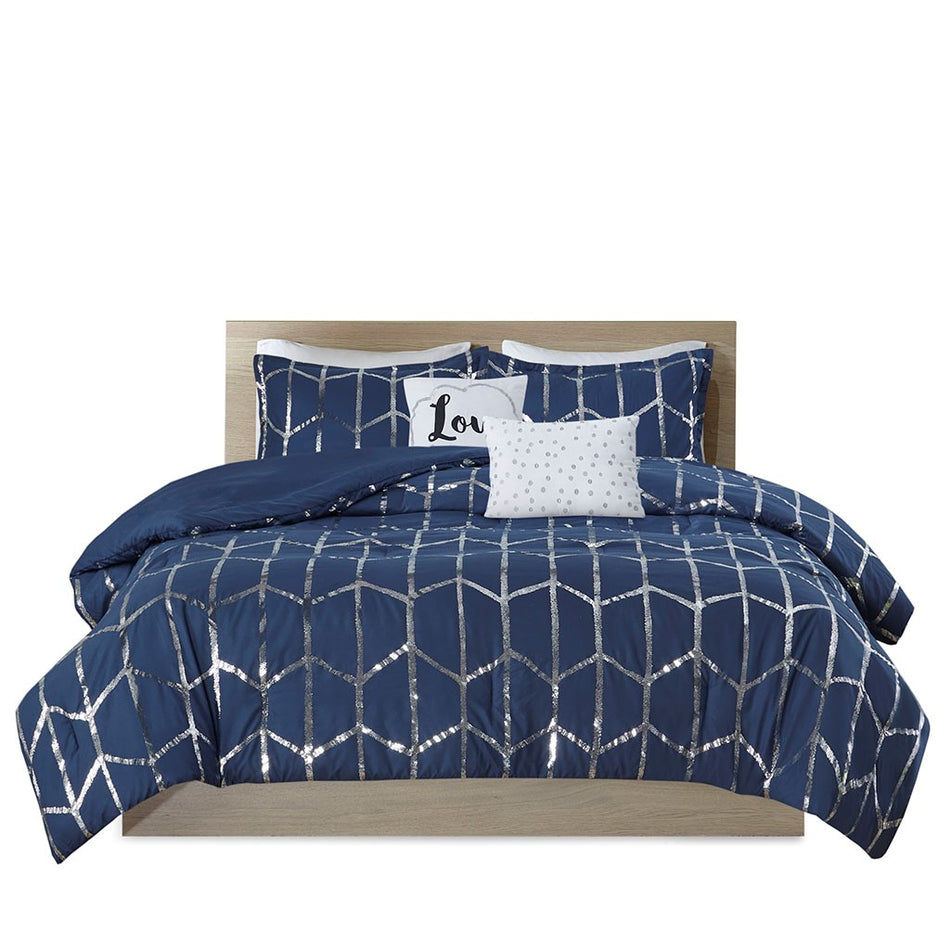 Raina Metallic Printed Comforter Set - Navy / Silver - Full Size / Queen Size