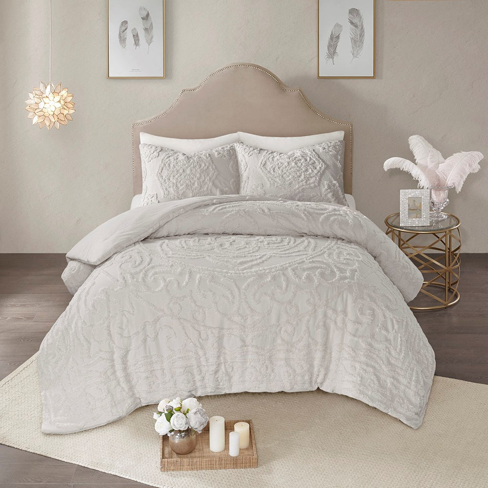 Laetitia 3-Piece Tufted Cotton Chenille Medallion Comforter Set - Grey - Full Size / Queen Size