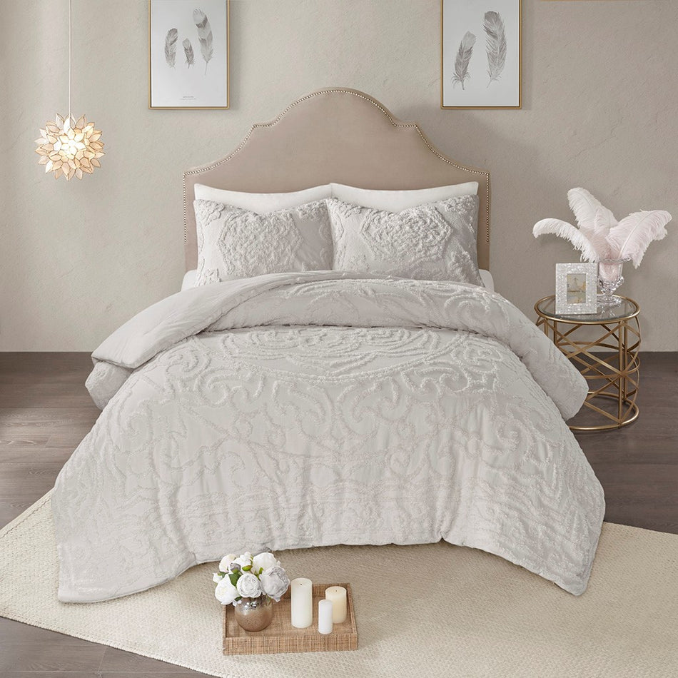 Laetitia 3-Piece Tufted Cotton Chenille Medallion Comforter Set - Grey - King Size / Cal King Size