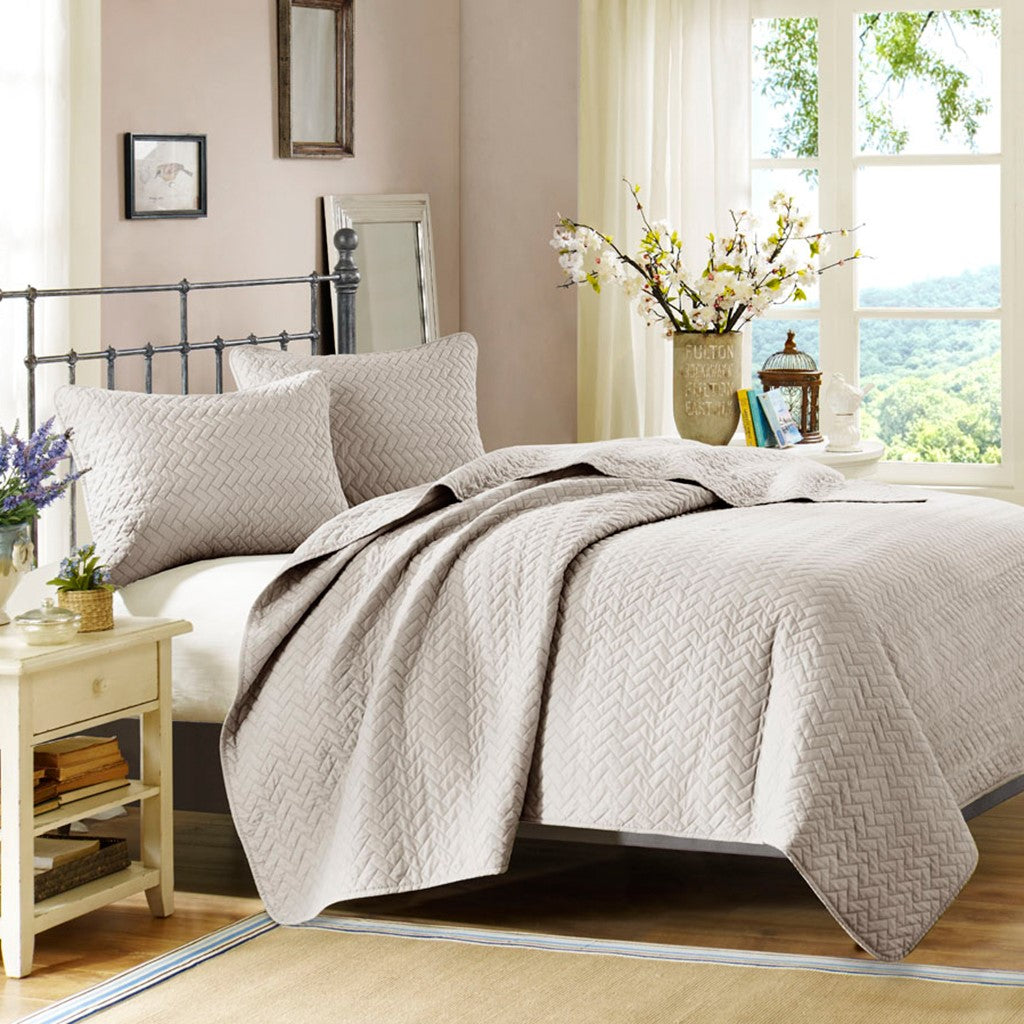 Hampton Hill Velvet Touch 3 Piece Luxurious Oversized Quilted Coverlet Set - Linen - King Size