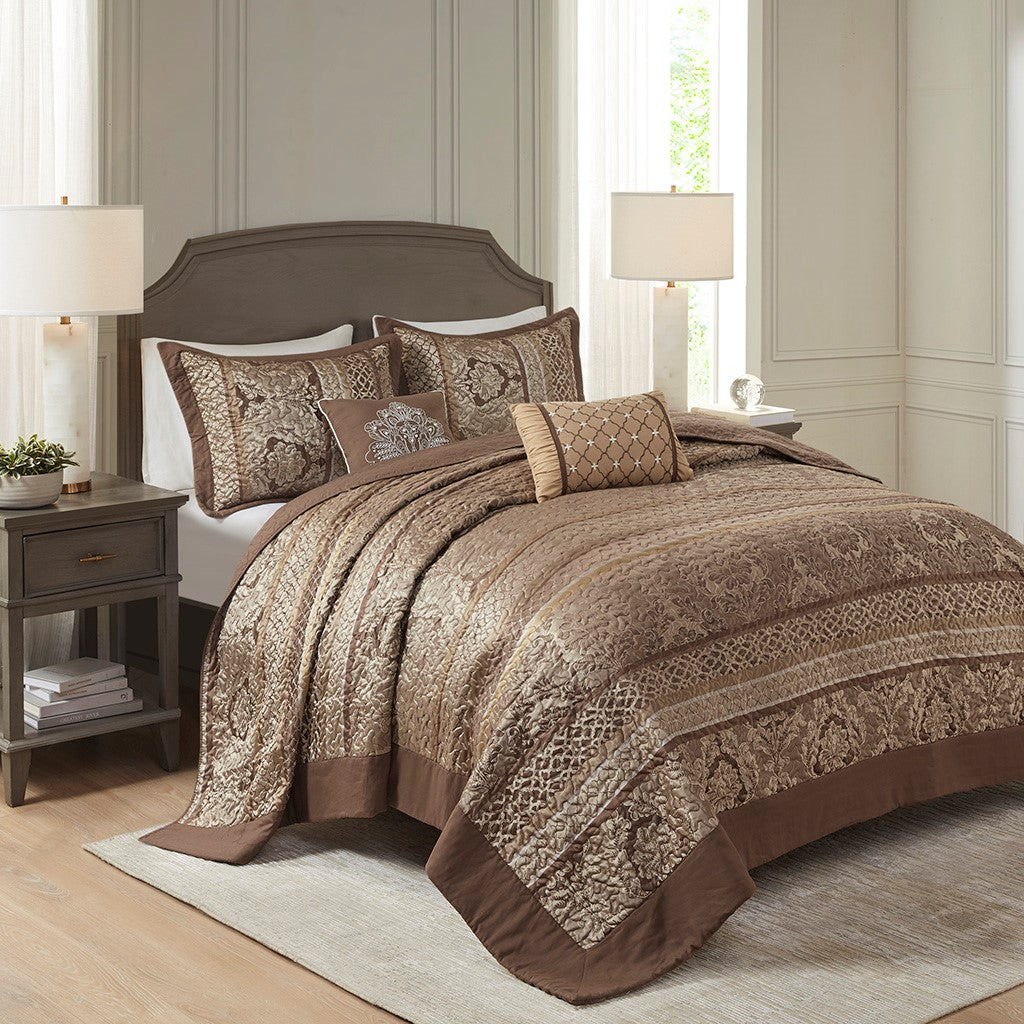 Madison Park Bellagio 5 Piece Reversible Jacquard Bedspread Set - Brown / Gold - Queen Size