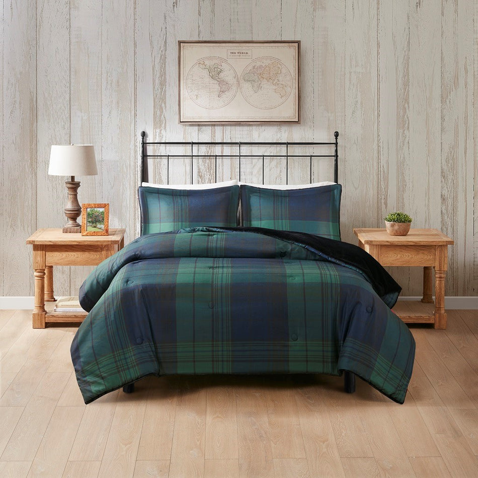 Woolrich Bernston Faux Wool to Faux Fur Down Alternative Comforter Set - Green Plaid - Full Size / Queen Size