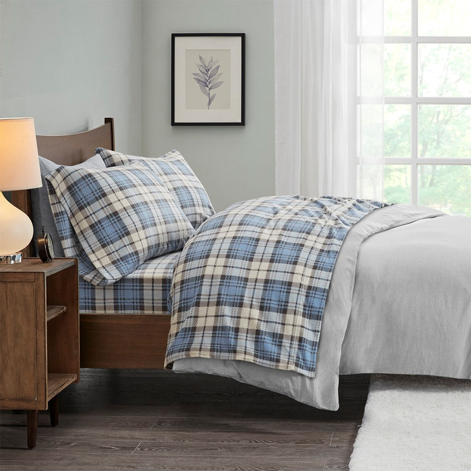 True North by Sleep Philosophy Micro Fleece Sheet Set - Blue Plaid - Twin Size