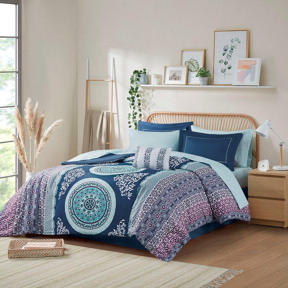 Loretta Boho Comforter Set with Bed Sheets - Navy - Queen Size