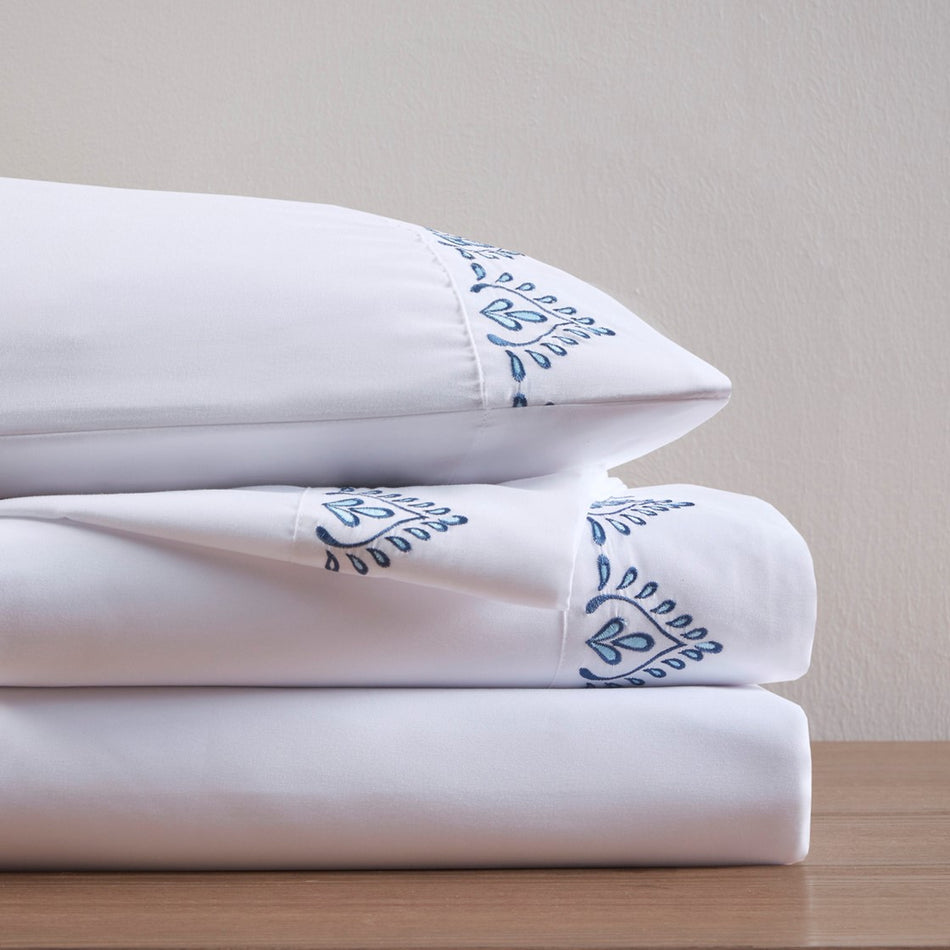 Embroidered Microfiber 4 PC Sheet Set - Blue Blossom - Queen Size