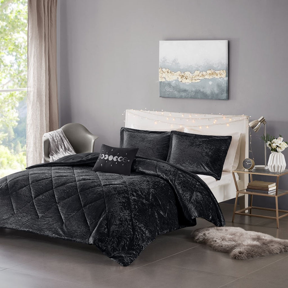 Intelligent Design Felicia Velvet Comforter Set - Black - King Size / Cal King Size