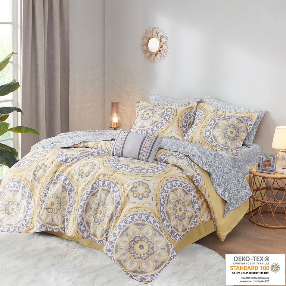 Madison Park Essentials Serenity 7 Piece Comforter Set with Cotton Bed Sheets - Yellow - Twin Size