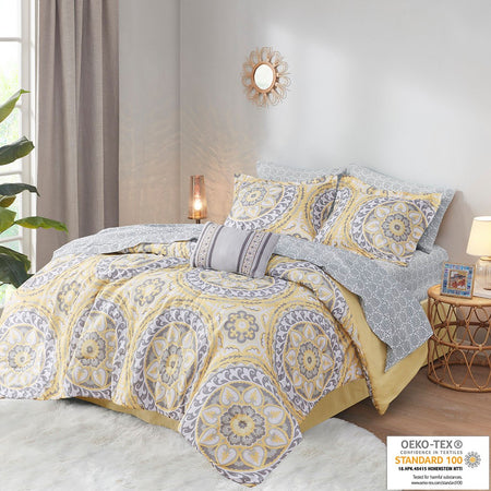 Madison Park Essentials Serenity 9 Piece Comforter Set with Cotton Bed Sheets - Yellow - Full Size
