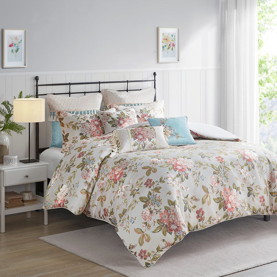 Carolyn 8 Piece Floral Jacquard Comforter Set - Ivory - Queen Size