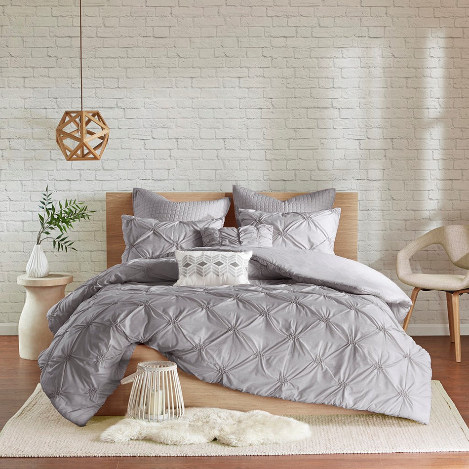 Talia 7 Piece Elastic Embroidered Chambray Duvet Set - Grey - King Size / Cal King Size