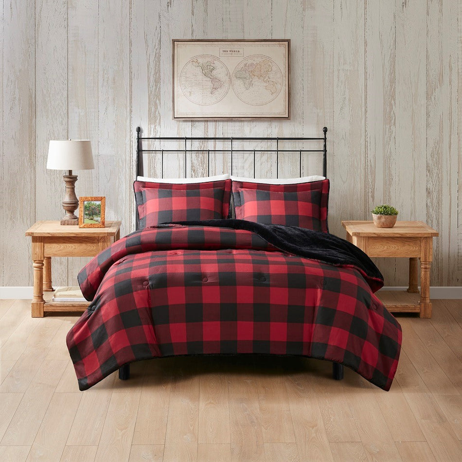 Woolrich Bernston Faux Wool to Faux Fur Down Alternative Comforter Set - Red Buffalo Check - Full Size / Queen Size