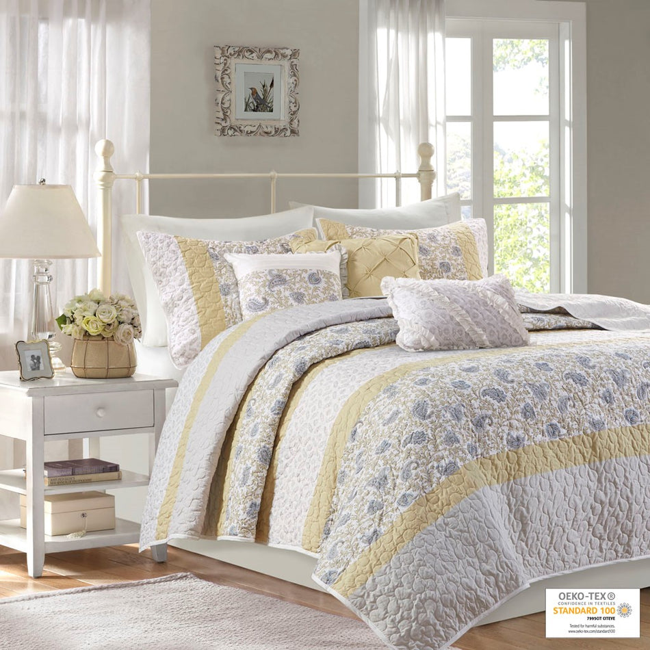 Madison Park Dawn 6 Piece Cotton Percale Quilt Set with Throw Pillows - Yellow - King Size / Cal King Size