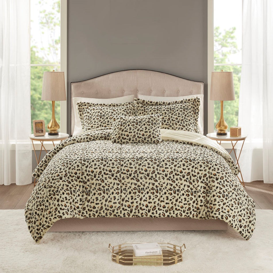 Zuri 4 Piece Faux Fur Comforter Set - Cheetah - Full Size / Queen Size