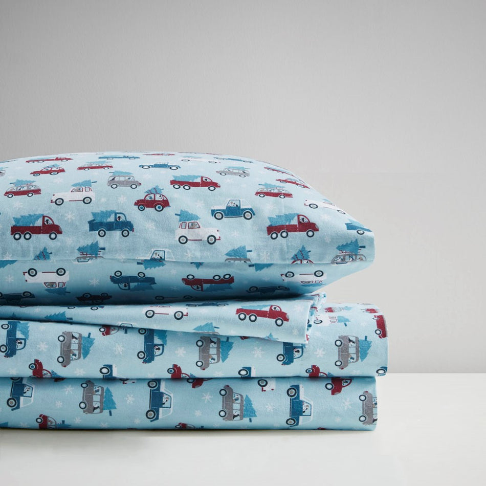 Cozy Cotton Flannel Printed Sheet Set - Blue Cars - Queen Size