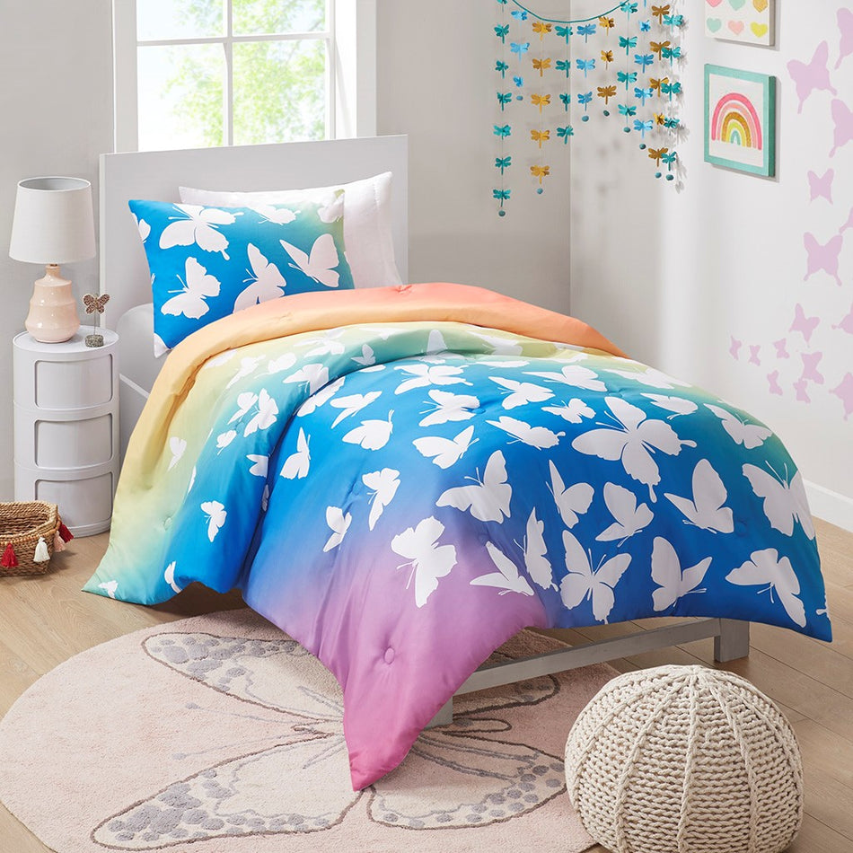 Mi Zone Kids Phoebe Rainbow and Butterfly Comforter Set - Blue / Purple - Full Size / Queen Size