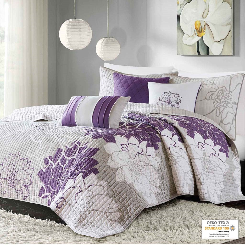 Madison Park Lola 6 Piece Printed Cotton Quilt Set with Throw Pillows - Purple - King Size / Cal King Size