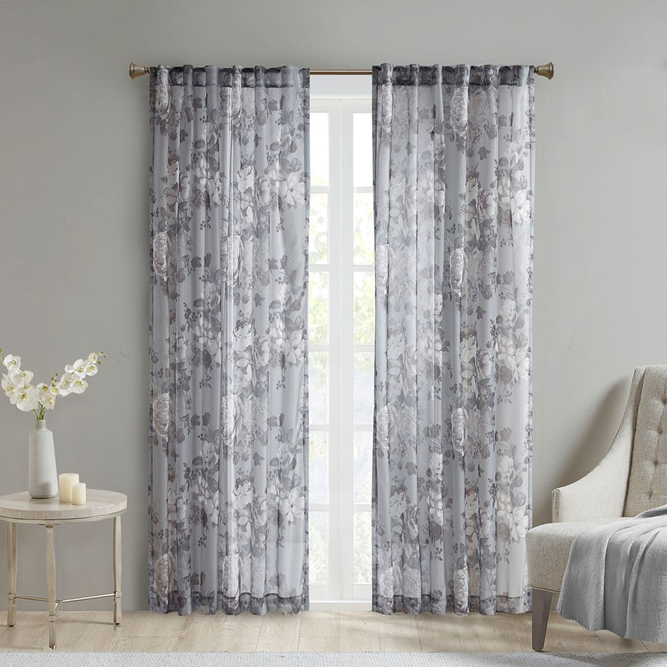 Madison Park Simone Printed Floral Rod Pocket and Back Tab Voile Sheer - Grey - 50x95"