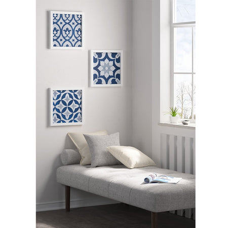 Madison Park Patterned Tiles Paper Printed with Gel Coat and Framed Wall Decor 3 Piece Set - Navy 