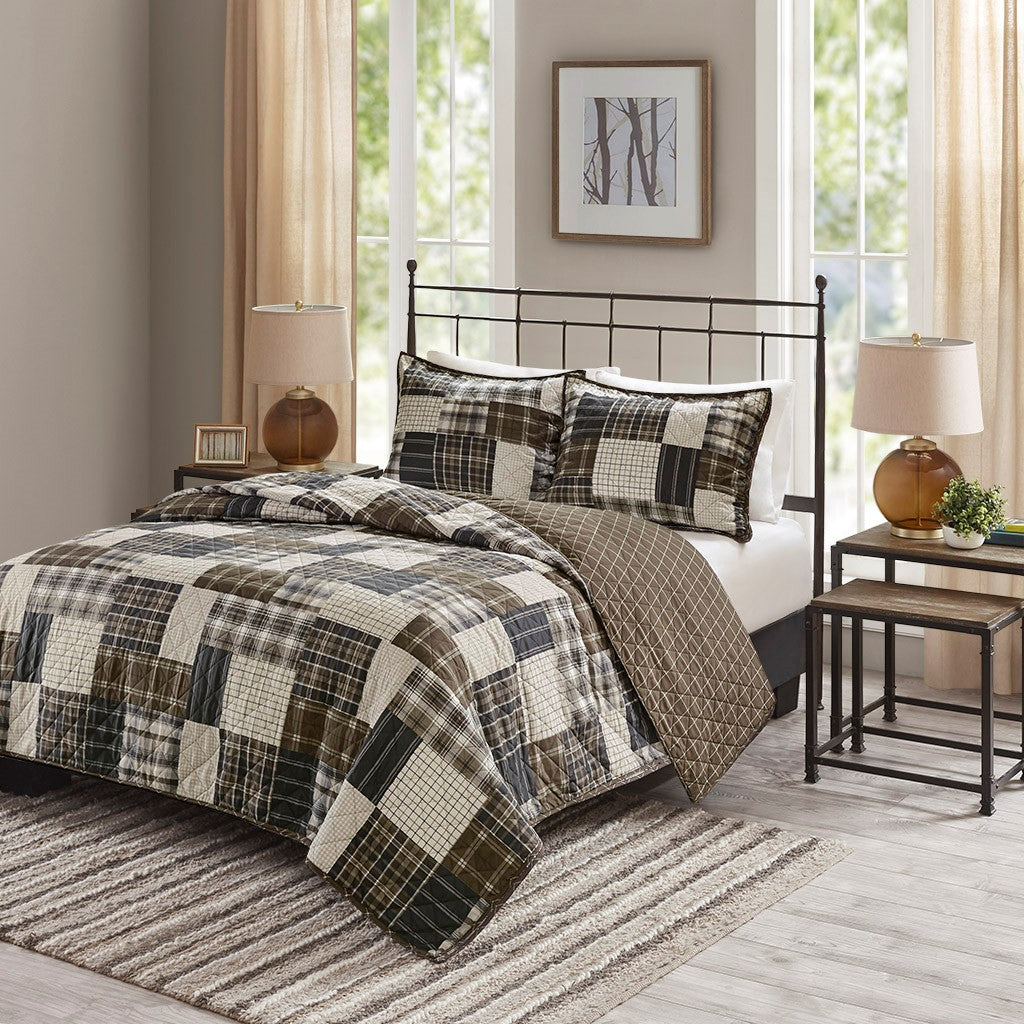 Madison Park Timber 3 Piece Reversible Printed Quilt Set - Black / Brown - Full Size / Queen Size