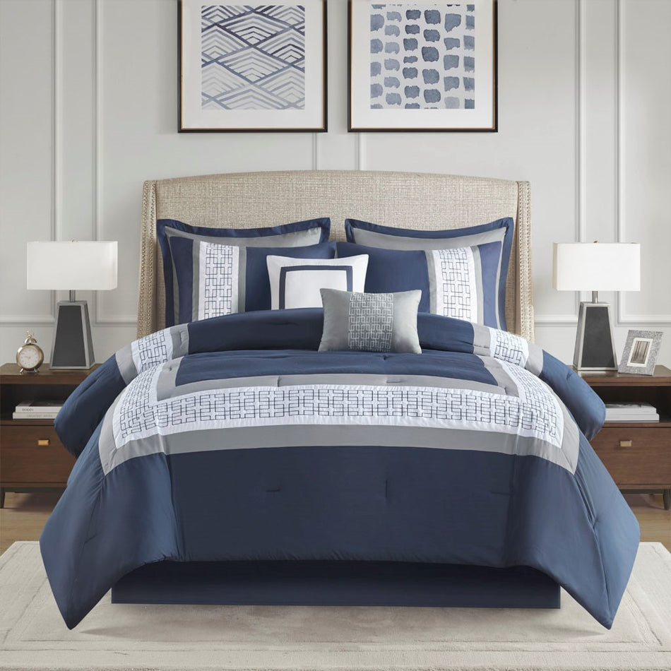 510 Design Powell 8 Piece Embroidered Comforter Set - Navy - Queen Size