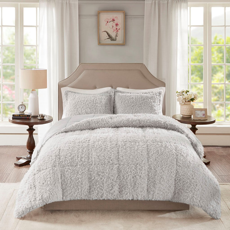 Nova Grey Faux Mohair Reverse Faux Mink Comforter Set - Grey - Twin Size