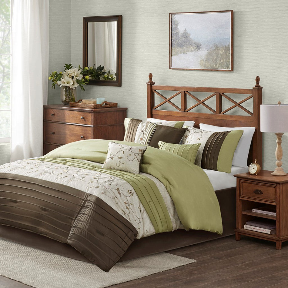 Madison Park Serene Embroidered 7 Piece Comforter Set - Green - King Size