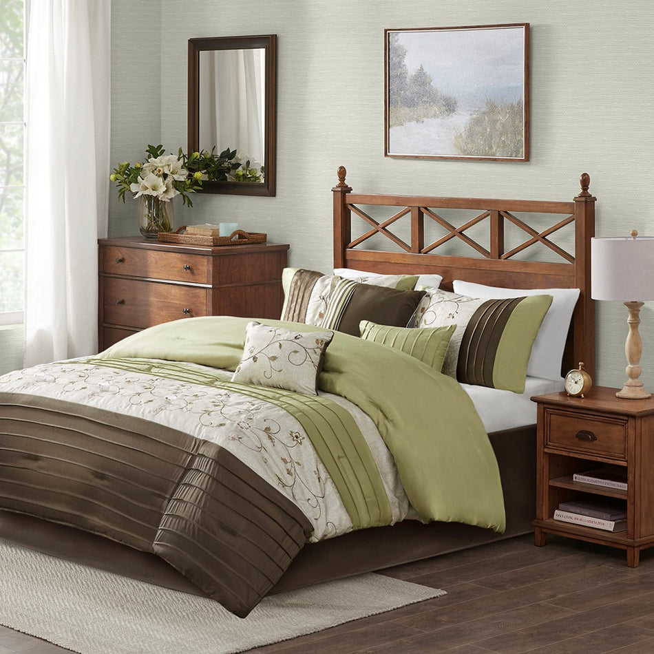 Madison Park Serene Embroidered 7 Piece Comforter Set - Green - Queen Size