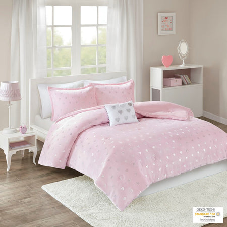 Mi Zone Rosalie Metallic Printed Plush Comforter Set - Pink / Silver - Twin Size / Twin XL Size