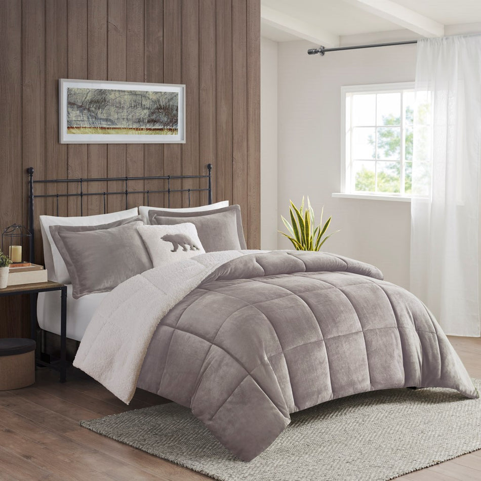 Woolrich Alton Plush to Sherpa Down Alternative Comforter Set - Grey / Ivory - Full Size / Queen Size