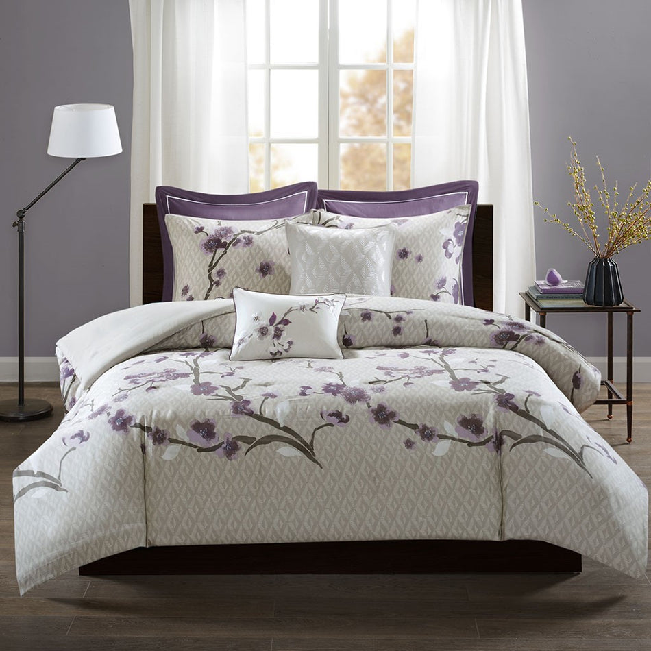 Holly 7 Piece Cotton Duvet Cover Set - Purple - King Size / Cal King Size