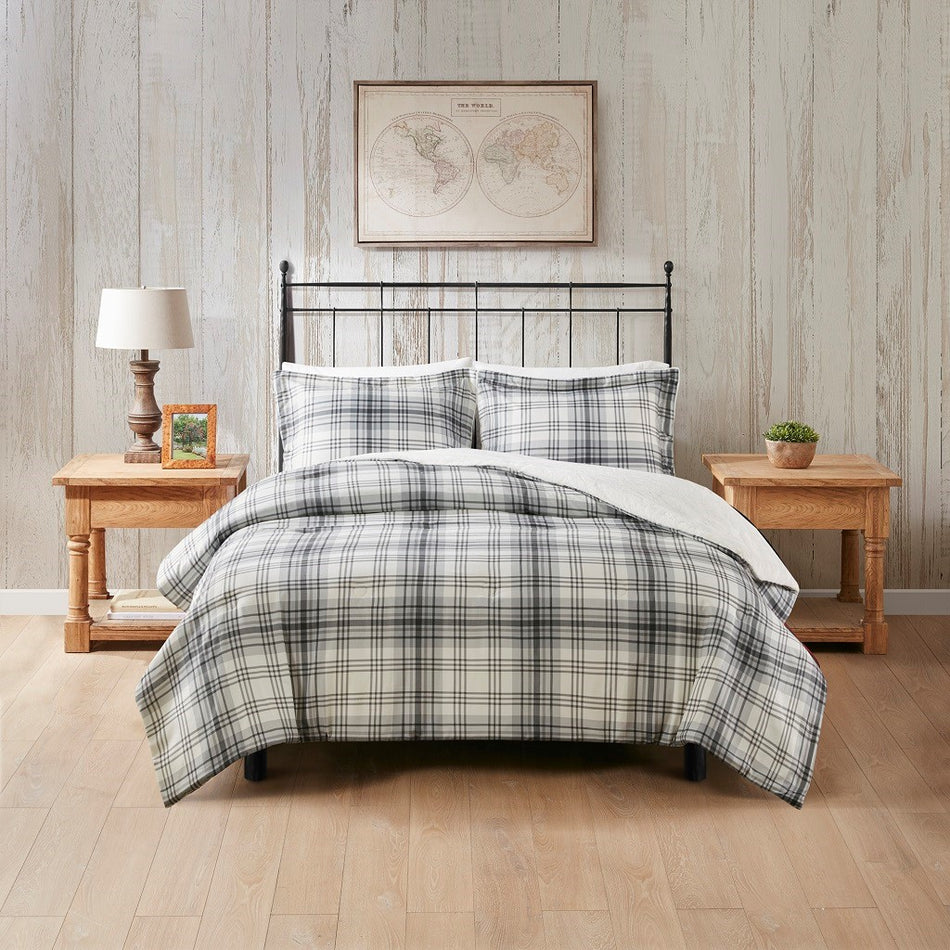 Woolrich Bernston Faux Wool to Faux Fur Down Alternative Comforter Set - Gray Plaid - Full Size / Queen Size