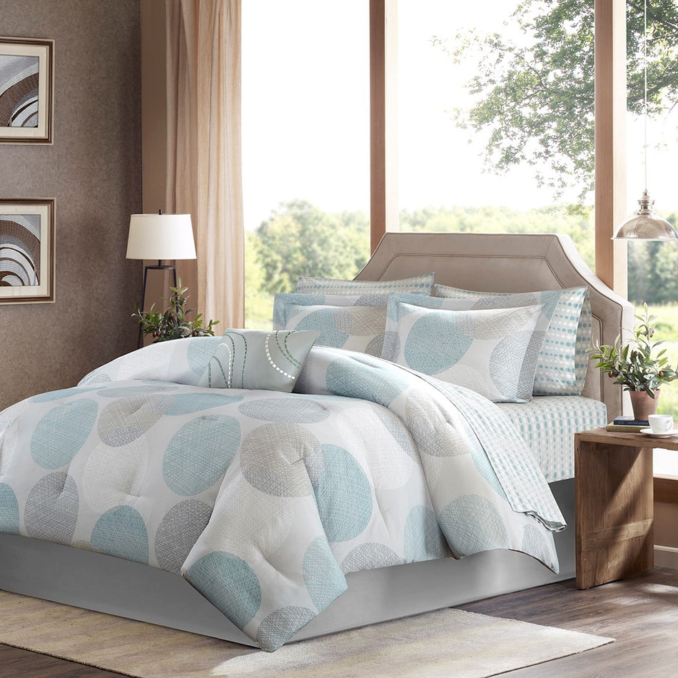 Madison Park Essentials Knowles 9 Piece Comforter Set with Cotton Bed Sheets - Aqua - Full Size
