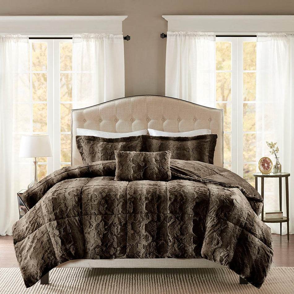 Zuri 4 Piece Faux Fur Comforter Set - Brown - Full Size / Queen Size
