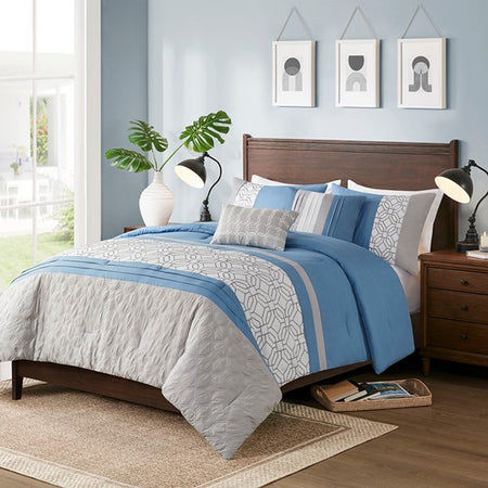 510 Design Donnell Embroidered 5 Piece Comforter Set - Blue - Full Size / Queen Size