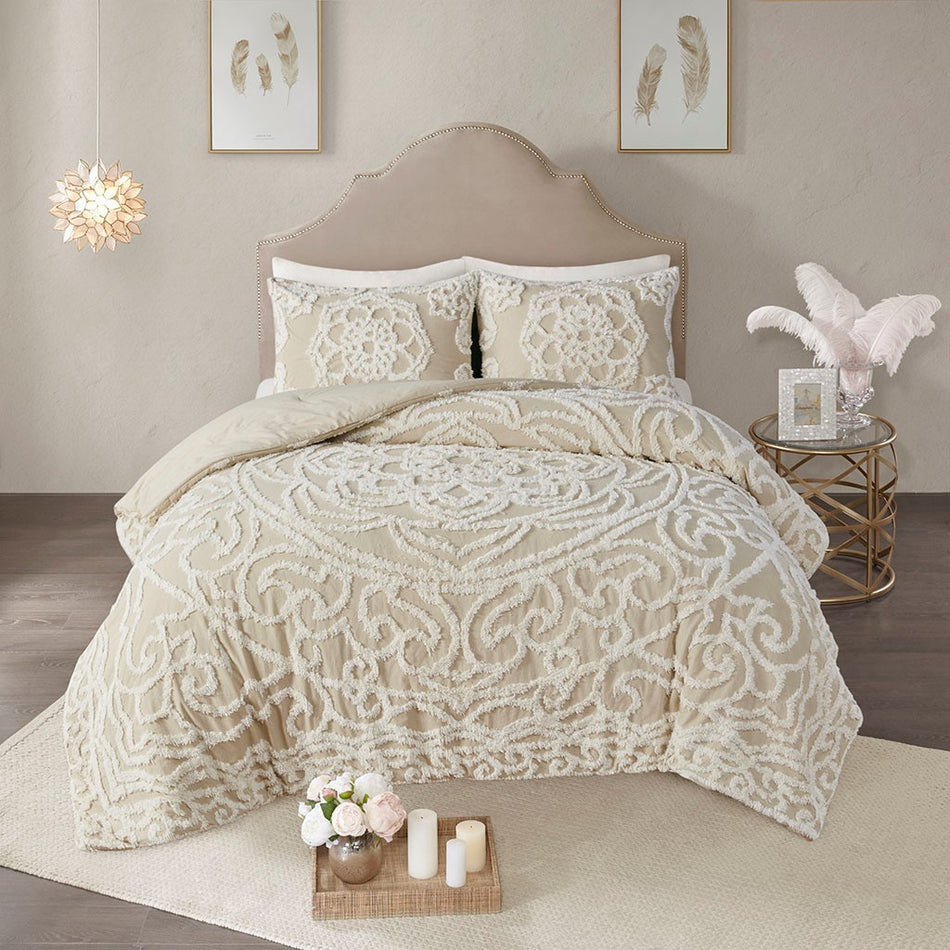 Laetitia Tufted Cotton Chenille Medallion Comforter Set - Taupe - Full Size / Queen Size