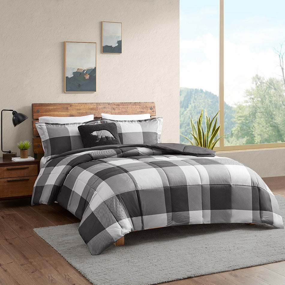 Woolrich Hudson Valley Down Alternative Comforter Set - Grey / Black Buffalo Check - Twin Size