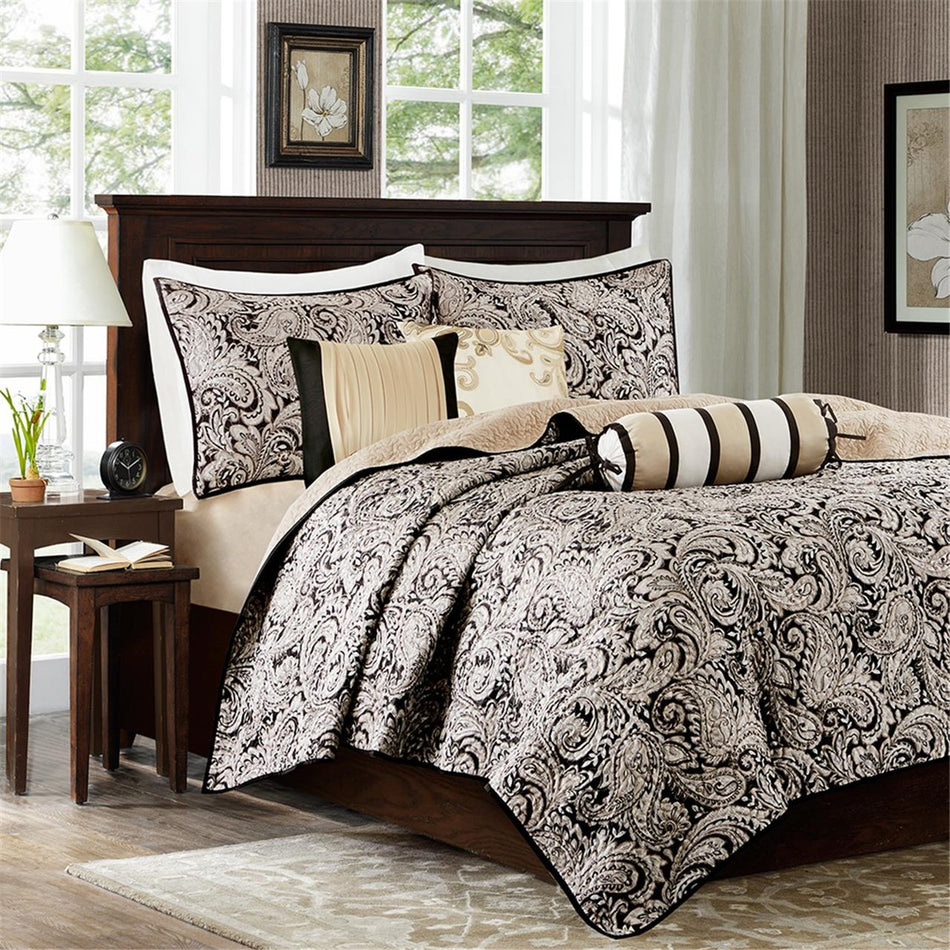 Madison Park Aubrey 6 Piece Jacquard Quilt Set with Throw Pillows - Black - King Size / Cal King Size