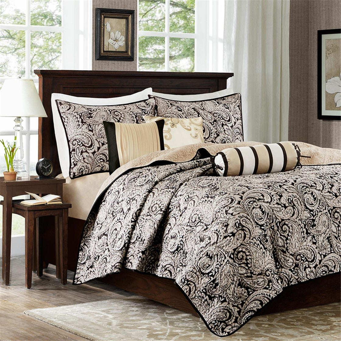 Madison Park Aubrey 6 Piece Jacquard Quilt Set with Throw Pillows - Black - Full Size / Queen Size