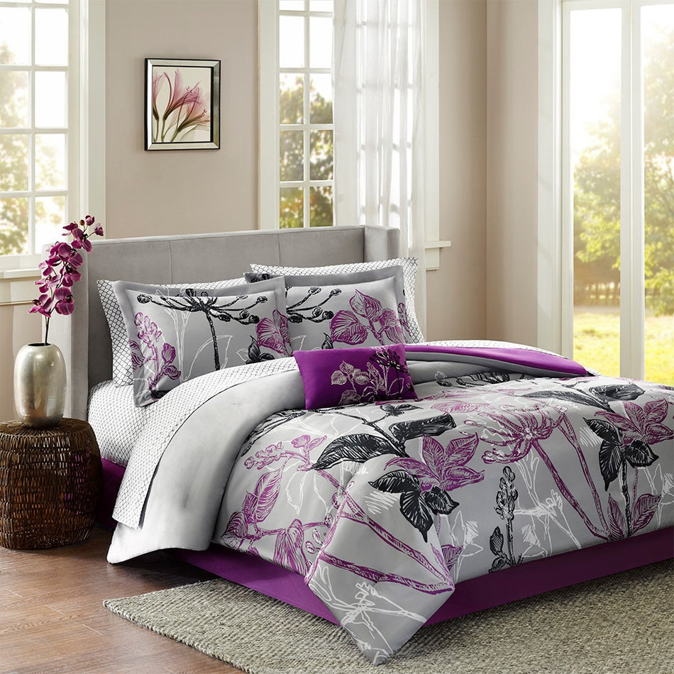 Madison Park Essentials Claremont 9 Piece Comforter Set with Cotton Bed Sheets - Purple - Queen Size