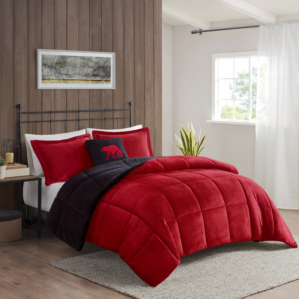 Woolrich Alton Plush to Sherpa Down Alternative Comforter Set - Red / Black - King Size