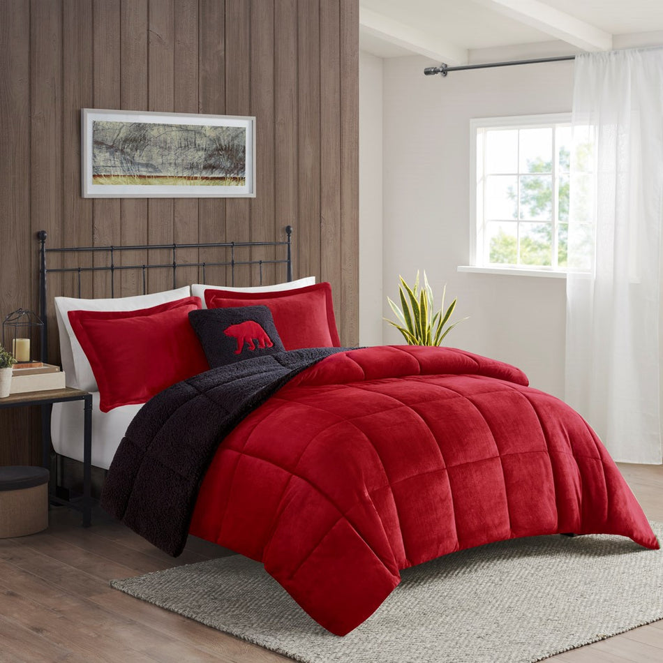 Woolrich Alton Plush to Sherpa Down Alternative Comforter Set - Red / Black - Twin Size