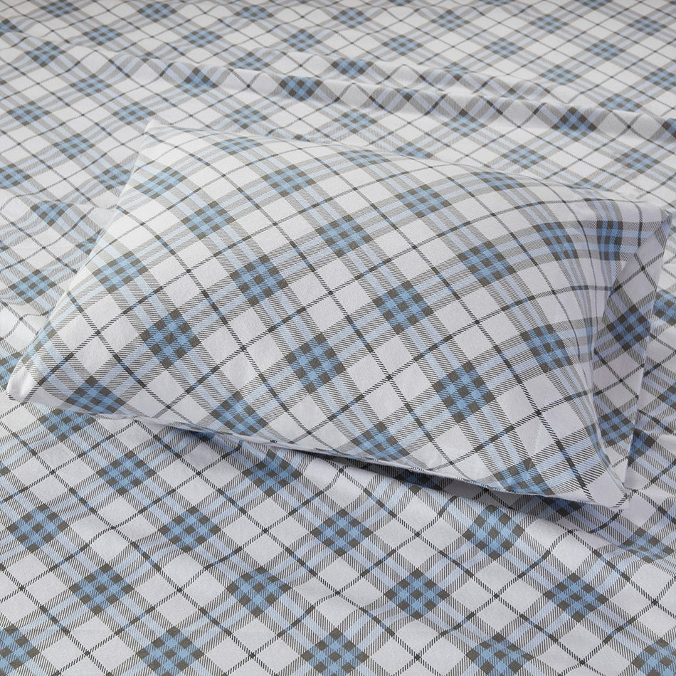 Cozy Cotton Flannel Printed Sheet Set - Blue Plaid - Cal King Size