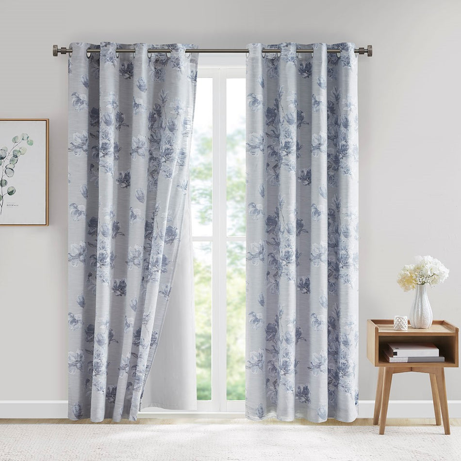 INK+IVY Imani Cotton Printed Window Panel with Chenille Stripe and Lining - Gray - 84" Panel