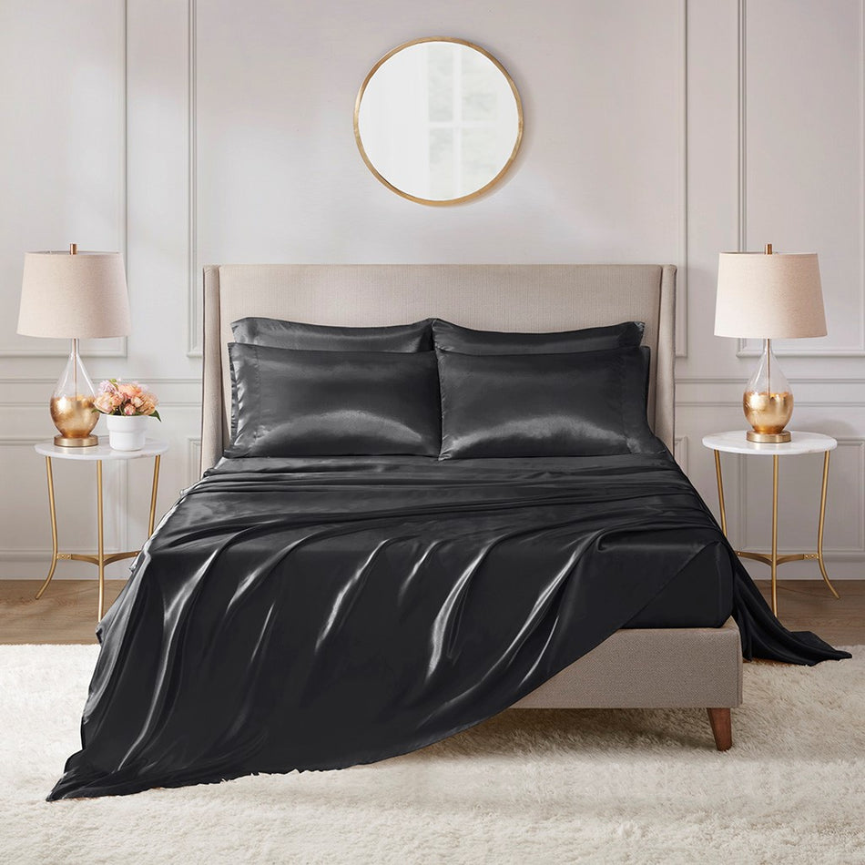 Madison Park Essentials Satin Luxury 6 PC Sheet Set - Black - King Size