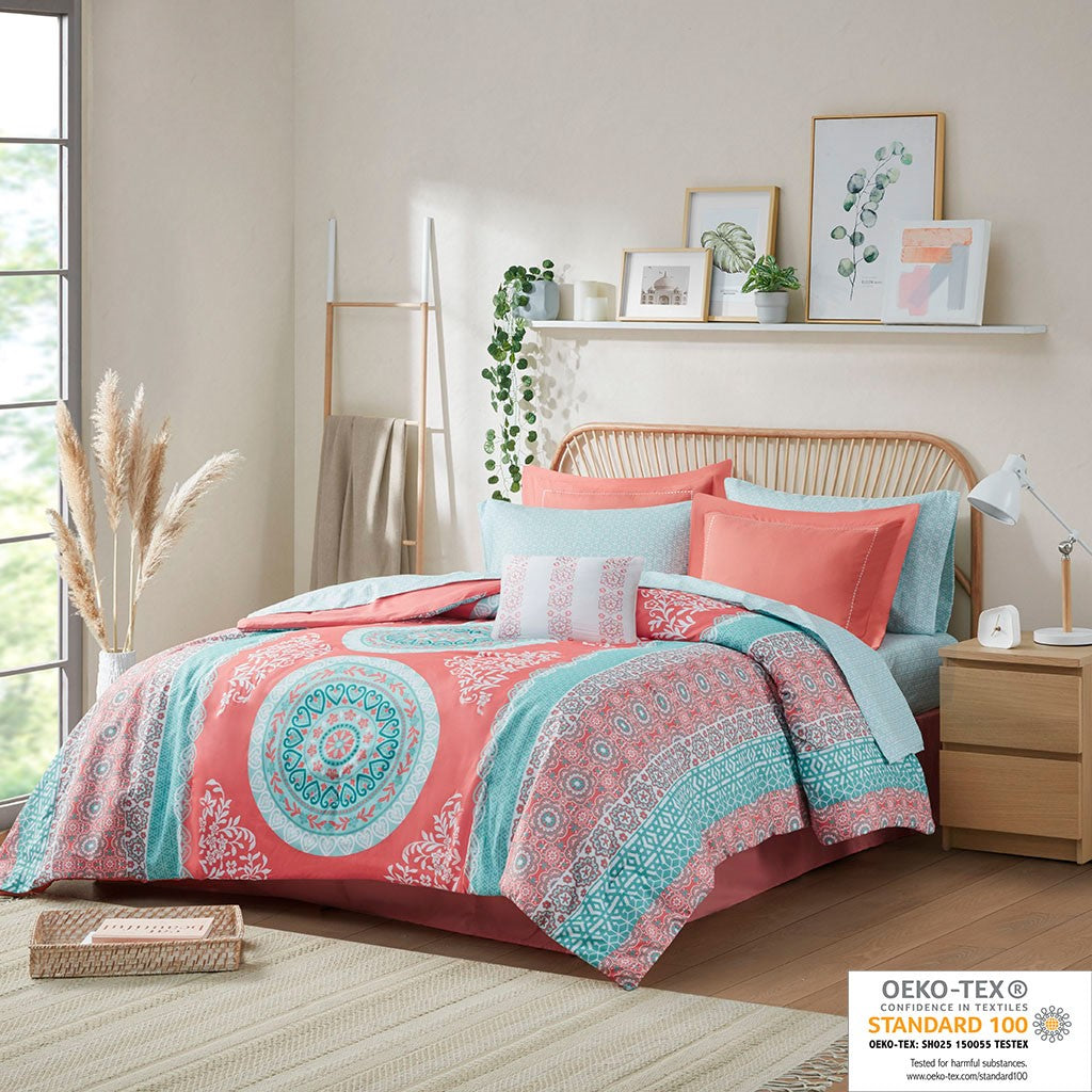 Intelligent Design Loretta Boho Comforter Set with Bed Sheets - Coral - Twin Size