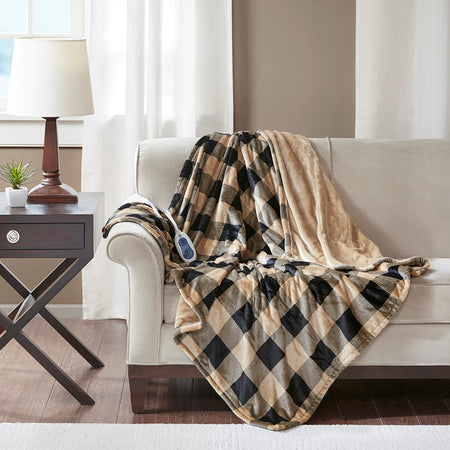 True North by Sleep Philosophy Jacob Oversized Heated Plush Throw - Buffalo Check Tan - 60x70"