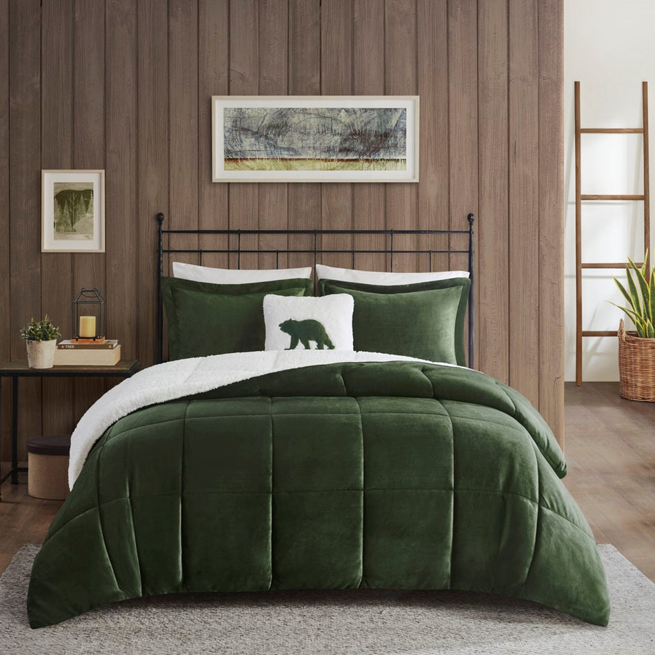 Alton Plush to Sherpa Down Alternative Comforter Set - Green / Ivory - King Size
