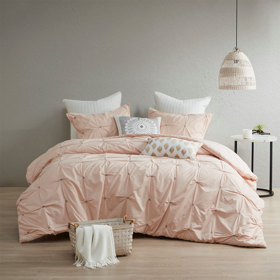 Masie 3 Piece Elastic Embroidered Cotton Duvet Cover Set - Blush - Full Size / Queen Size