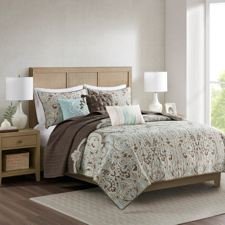 Madison Park Geneva 6 Piece Printed Quilt Set with Throw Pillows - Brown - Full Size / Queen Size